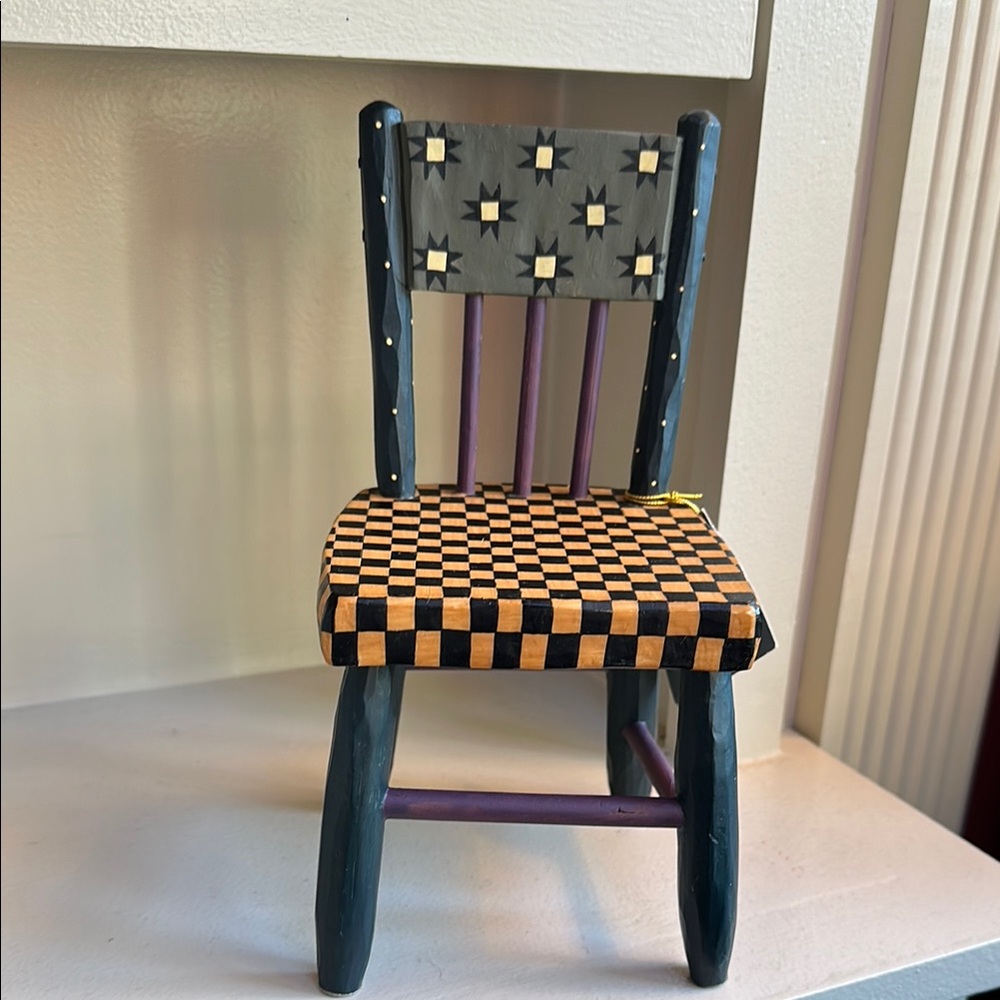 Whimsical Orange and Blue Doll Chair with Checkerboard Seat